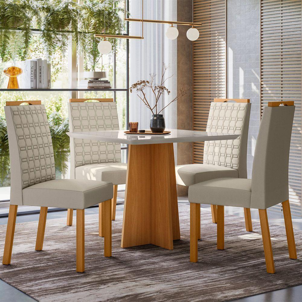 Conjunto Mesa De Jantar 90cm Anitta Tampo Em Mdf Com Vidro E 4 Cadeiras Mariah Ypê Off White - 1