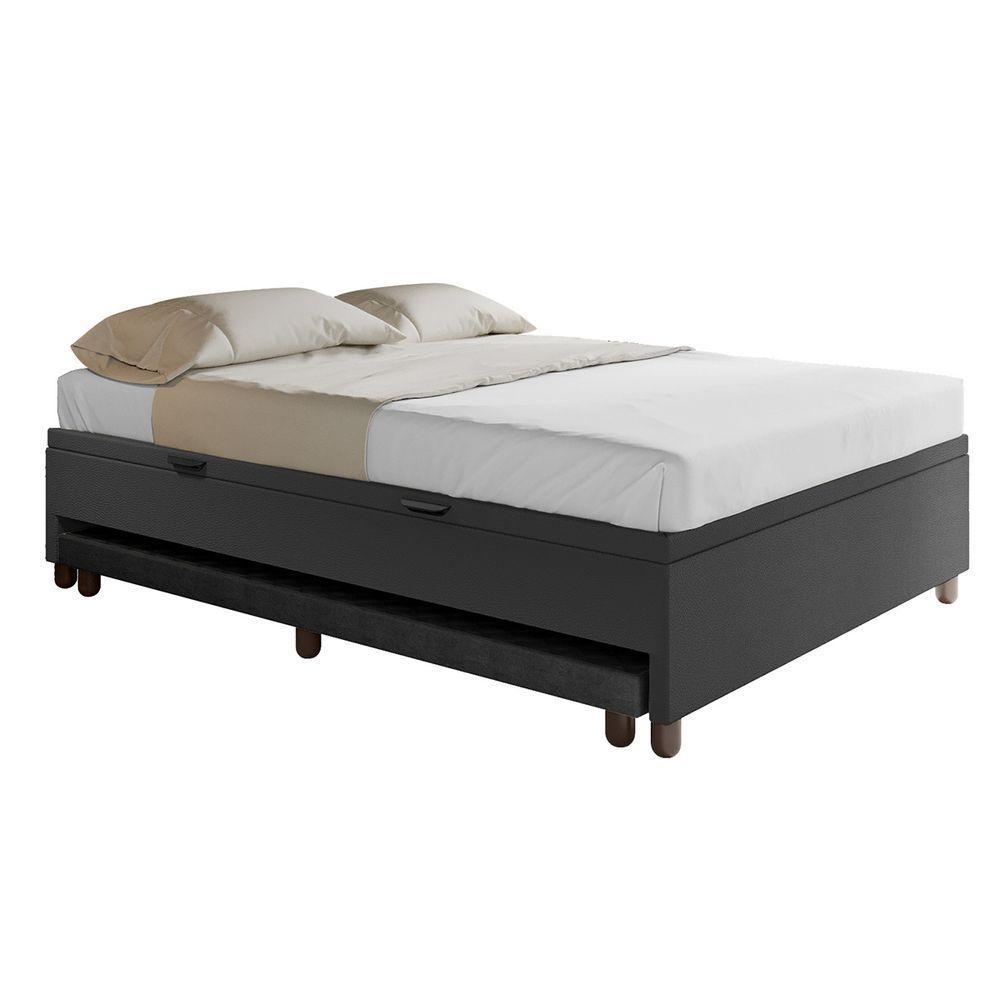 Base Cama Baú Casal Com Cama Auxiliar C/colchão Conjugado Corino - Skybox Cor Preto - 4