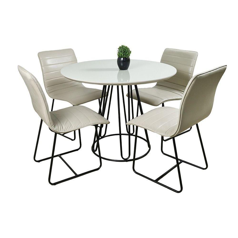 Conjunto Sala De Jantar Rubi Off White Com 4 Cadeiras Cristal Couro Pérola Base Preto - 1