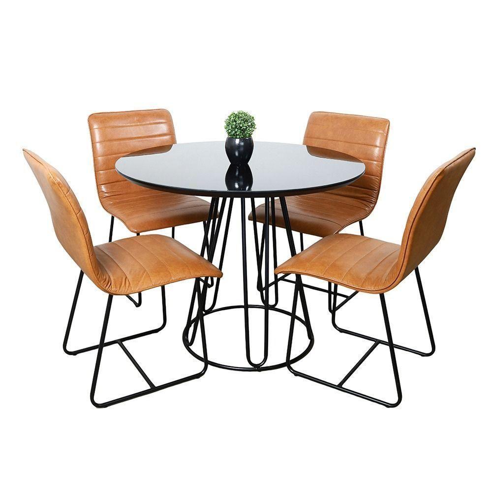 Conjunto Sala De Jantar Rubi Preto Com 4 Cadeiras Cristal Couro Caramelo Base Preto - 1