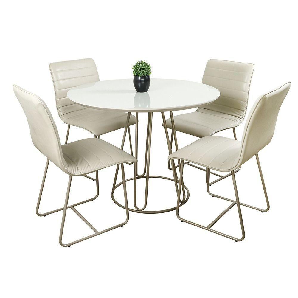 Conjunto Sala De Jantar Rubi Off White Com 4 Cadeiras Cristal Couro Pérola Base Champanhe - 1