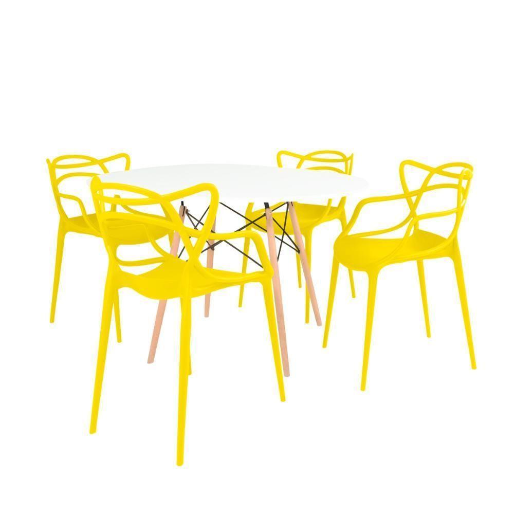 Conjunto Mesa De Jantar Redonda Eiffel Branca 120cm Com 4 Cadeiras Allegra - Amarelo - 1