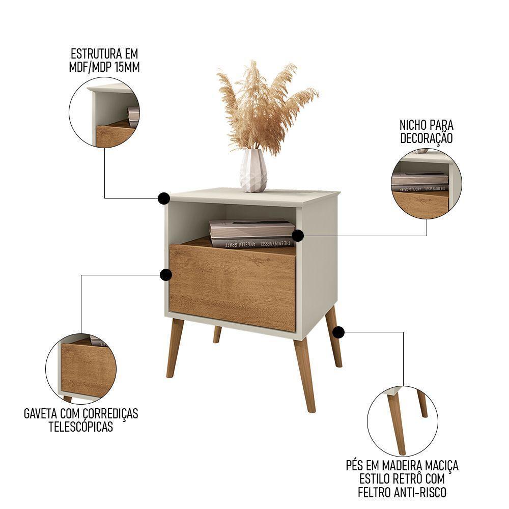 Mesa De Cabeceira Kit 2 45cm 1 Gaveta Caribe B02 Off White-naturalle - 5