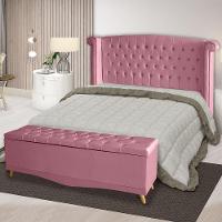 Kit Cabeceira De Cama Box E Calçadeira Baú Luxo Queen 160 Cm Suede Rosa Bebê Eli Móveis - 2