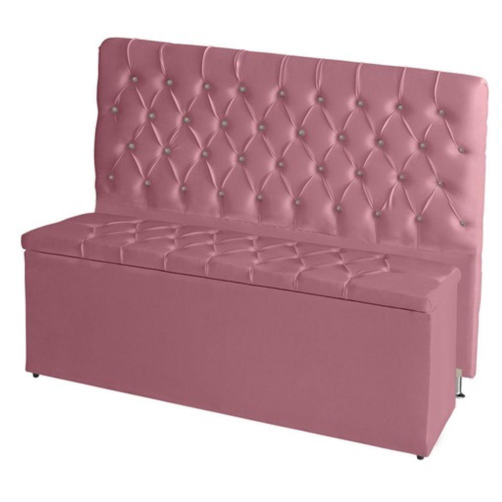 Kit Cabeceira De Cama Box E Calçadeira Baú Paris King 195 Cm Capitonê Suede Rosa Bebê Eli Móveis - 1