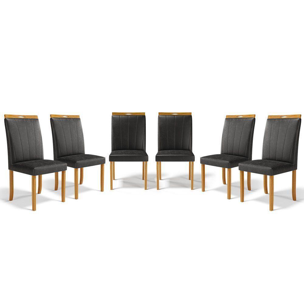 Kit Com 6 Cadeiras Aurora Madeira Maciça Estofadas Para Mesa De Jantar Courino Preto 503 - 1