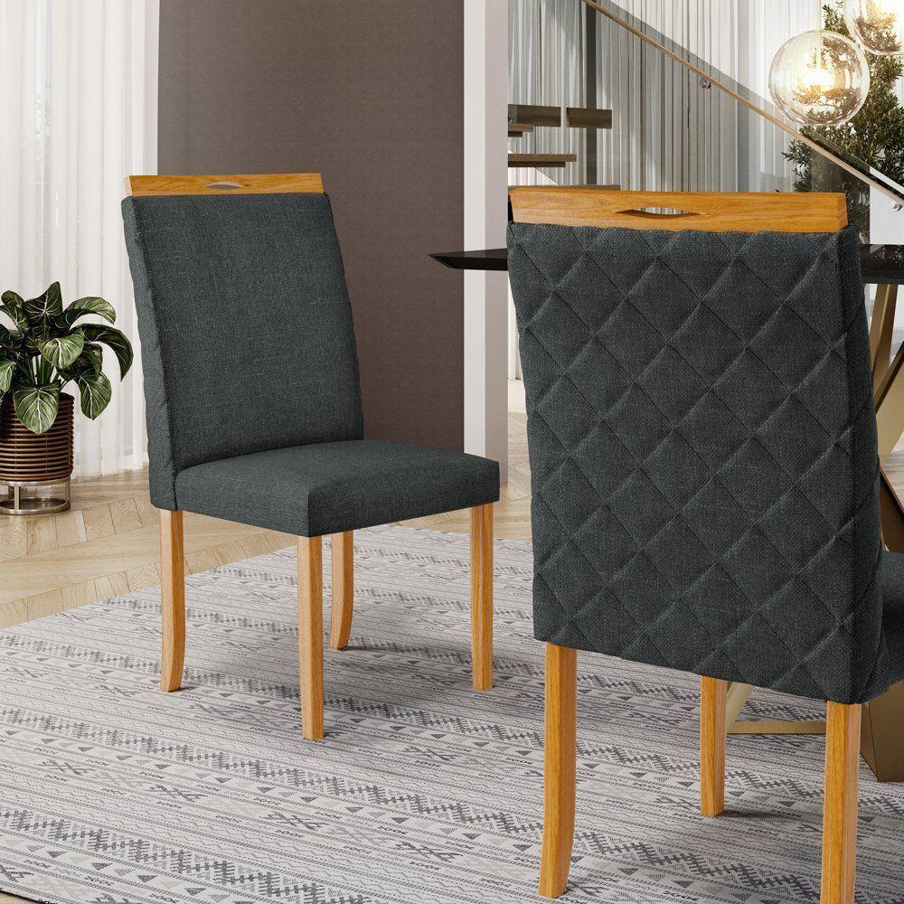 Kit Com 6 Cadeiras Agnes Madeira Maciça Estofadas Para Mesa De Jantar Linho Chumbo 406 - 6