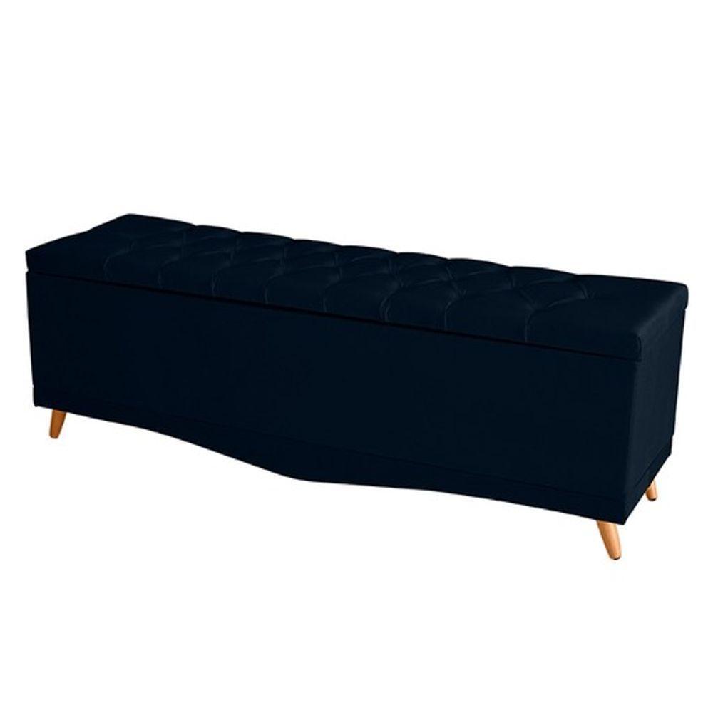 Kit De Cabeceira De Cama Box E Calçadeira Baú Helena Queen 160 Cm Retro Capitonê Suede Azul Marinho Eli Móveis - 1