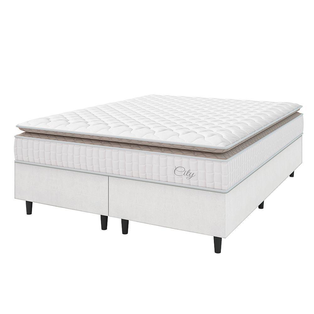 Cama Box Colchão Casal King Molas Ensacadas City Pillow Top 193x203x61cm Linho Branco Bege - 1