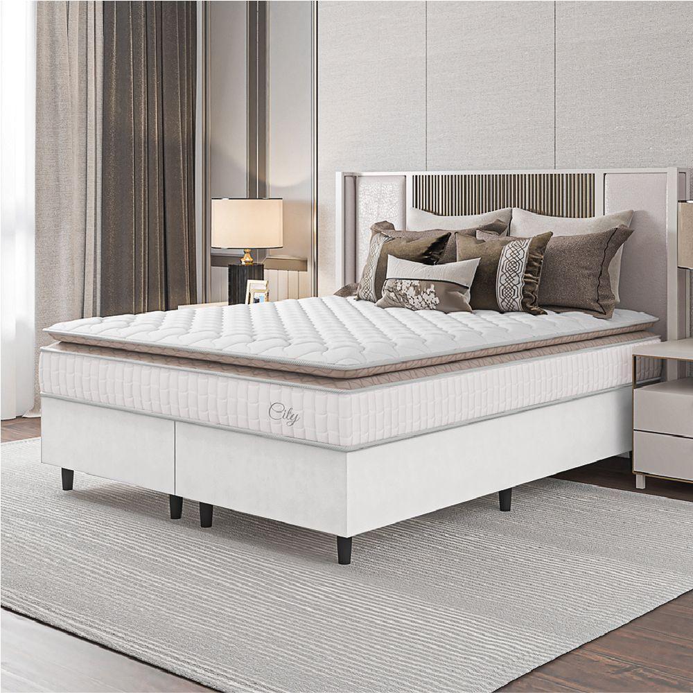 Cama Box Colchão Casal King Molas Ensacadas City Pillow Top 193x203x61cm Linho Branco Bege - 2