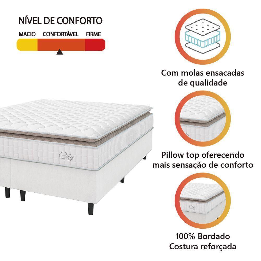 Cama Box Colchão Casal King Molas Ensacadas City Pillow Top 193x203x61cm Linho Branco Bege - 3