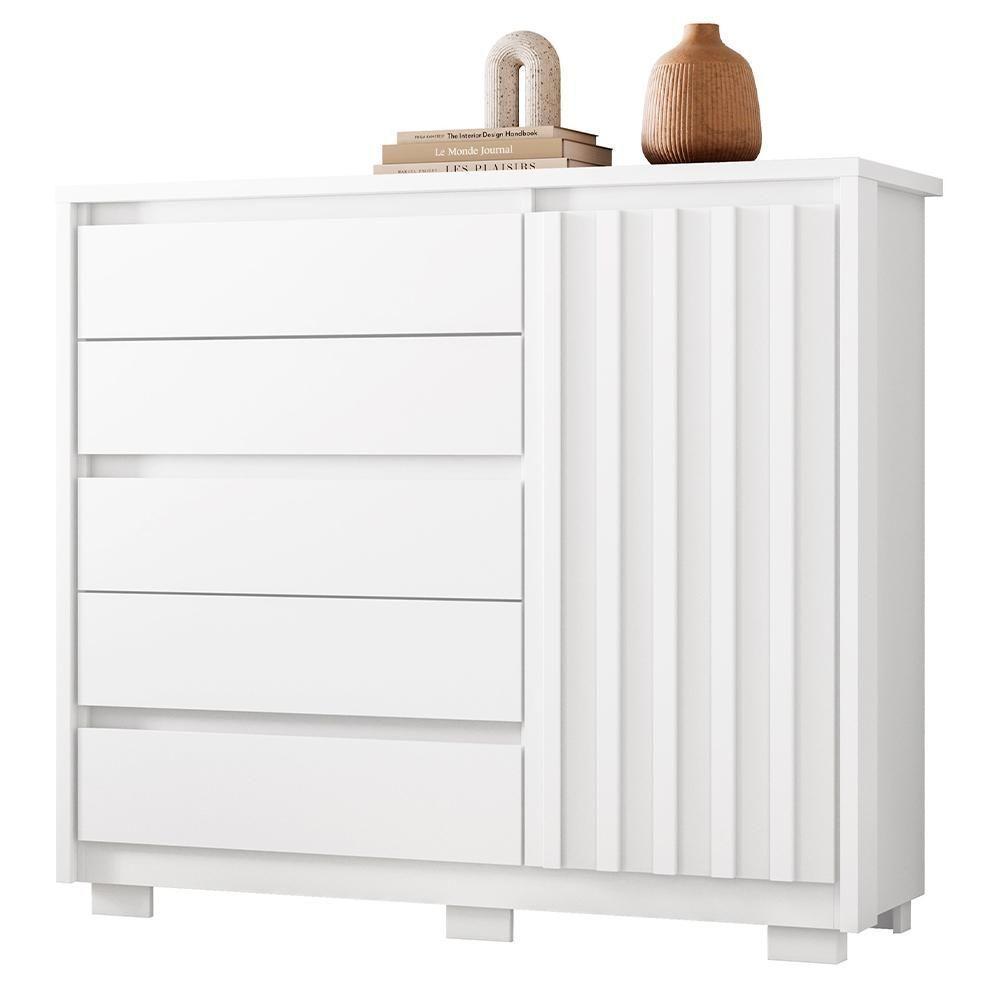 Cômoda Sapateira Quarto Duetto 05 Gavetas E 1 Porta Ripada Branco Branco - 1