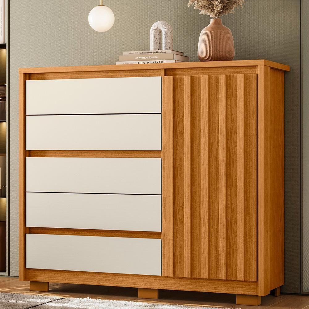 Cômoda Sapateira Quarto Duetto 05 Gavetas E 1 Porta Ripada Cinamomo/off White Cinamomo/off White - 4