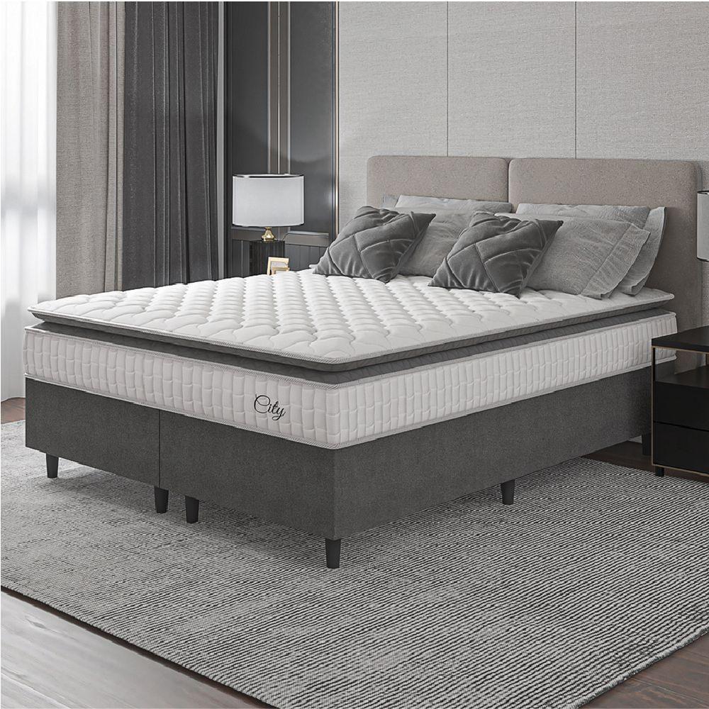 Cama Box Colchão Casal King Molas Ensacadas City Pillow Top 193x203x61cm Cinza Branco - 2