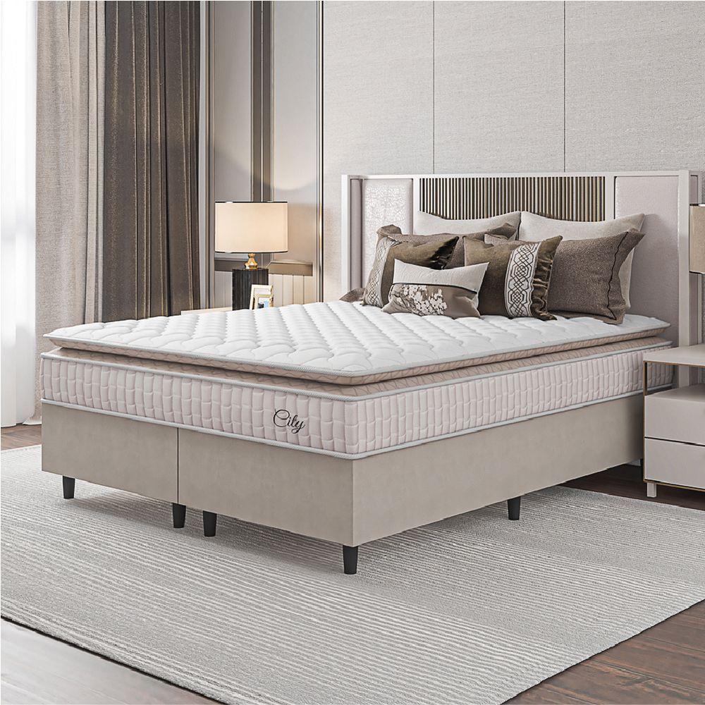 Cama Box Colchão Casal King Molas Ensacadas City Pillow Top 193x203x61cm Bege Branco Hellen - 1