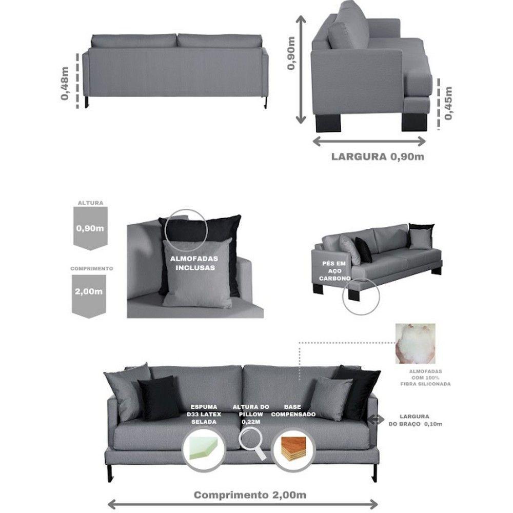 Sofá Living 3 Lugares Linho Corriente 2M Espuma Cinza - 9
