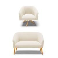 Kit 1 Namoradeira E 1 Poltrona Giratória Bege Base Madeira - 1