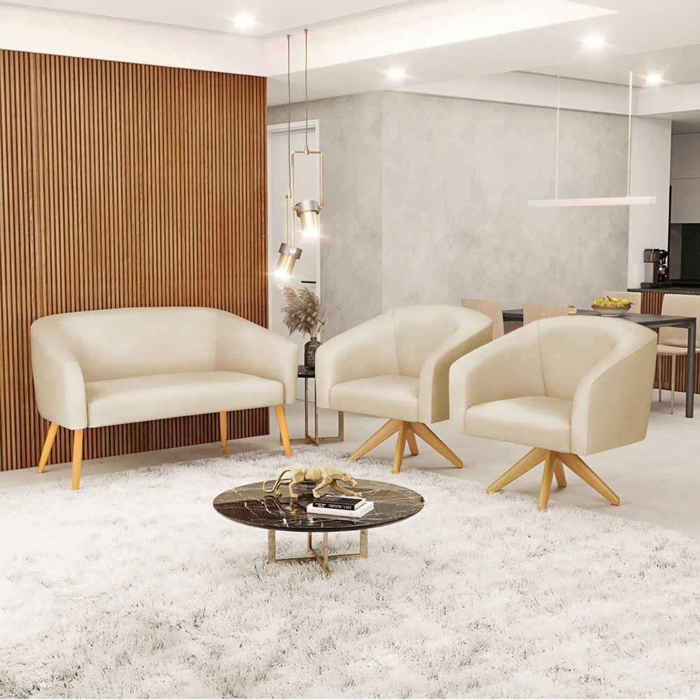 Kit 1 Namoradeira E 2 Poltronas Bege Base Madeira - 8