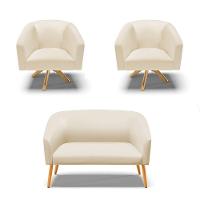 Kit 1 Namoradeira E 2 Poltronas Bege Base Madeira - 1