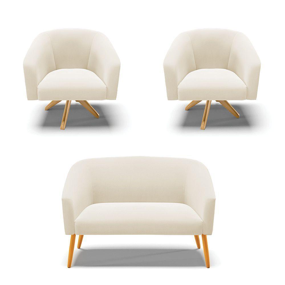 Kit 1 Namoradeira E 2 Poltronas Giratória Bege Base Madeira - 1