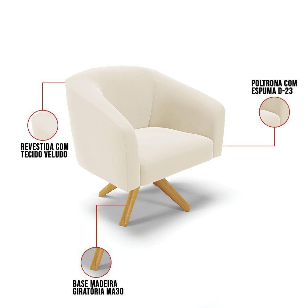 Kit 1 Namoradeira E 2 Poltronas Giratória Bege Base Madeira - 4