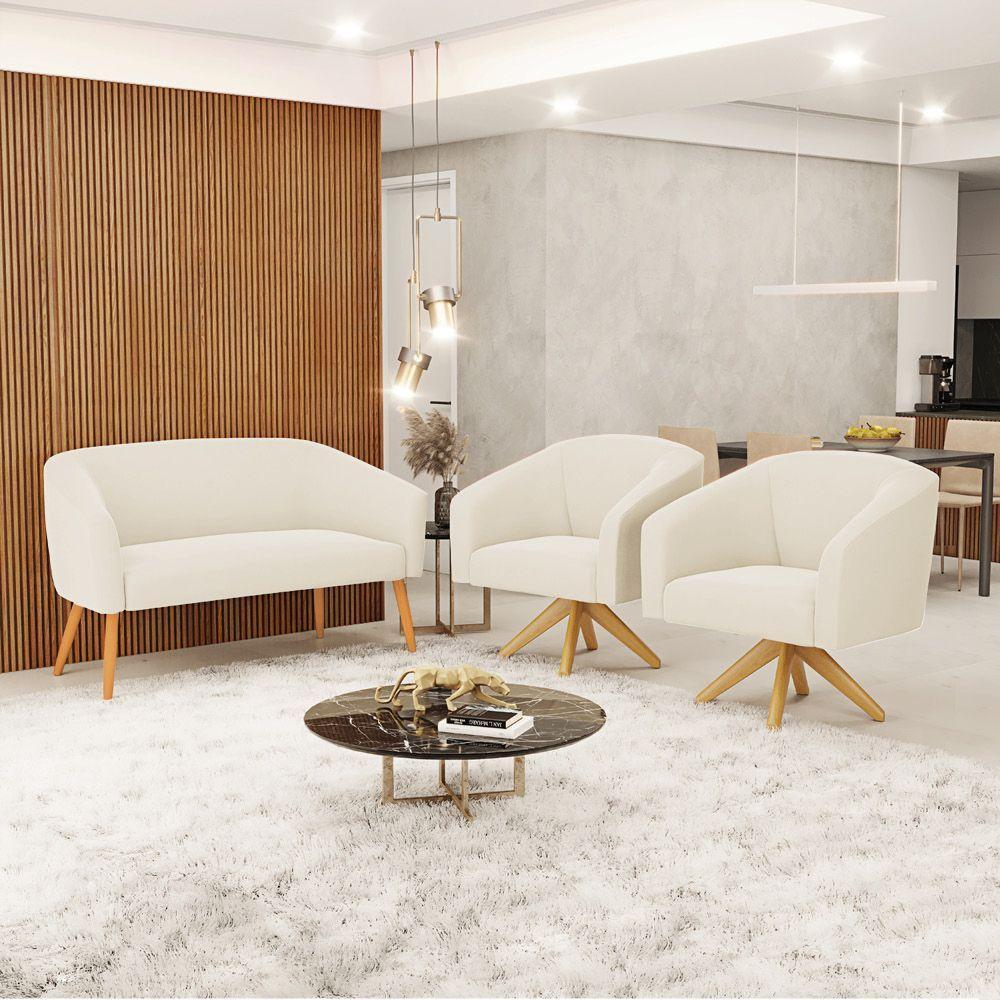 Kit 1 Namoradeira E 2 Poltronas Giratória Bege Base Madeira - 8