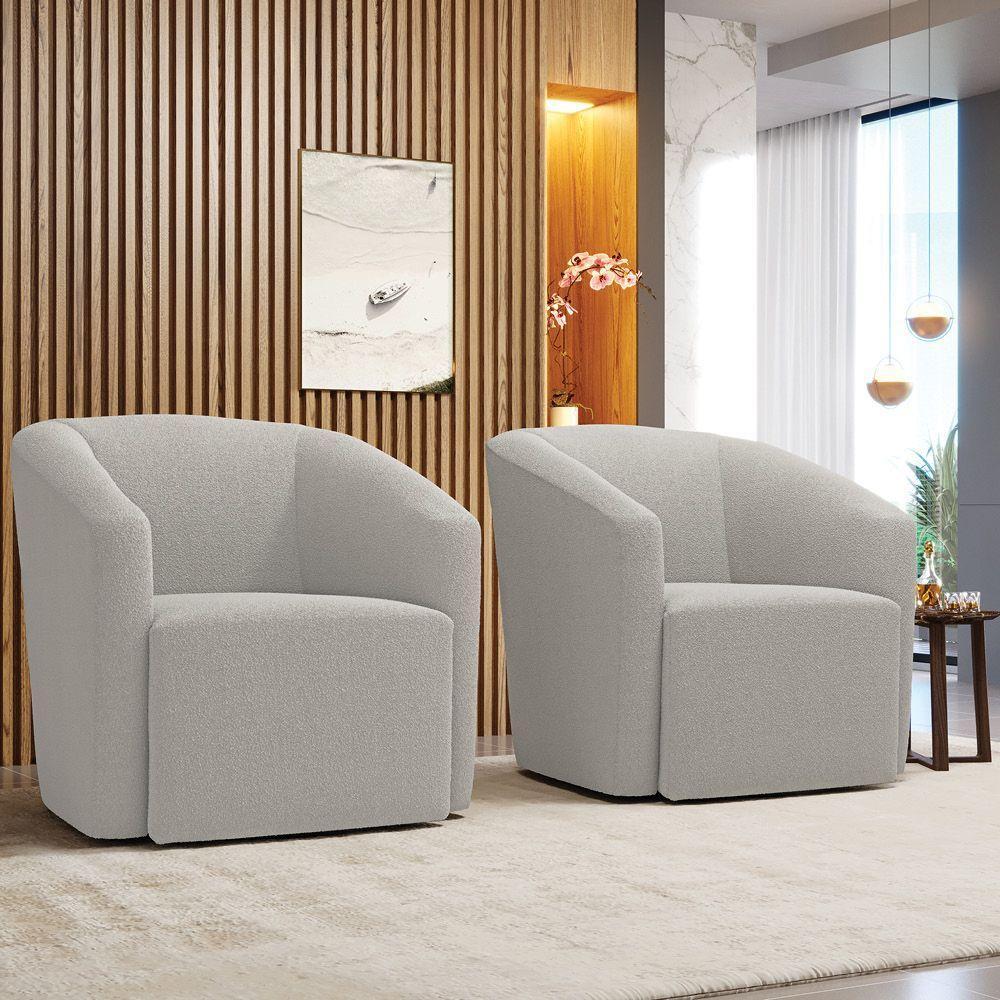 Poltrona Sala De Estar Base Giratória Kit 2 Poltronas Stella Max Bouclê Cinza D03 - 7