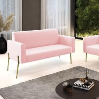 Sofá Namoradeira 2 Lugares Pé De Ferro Dourado Marisa Suede Rosa Bebê D03 - 2