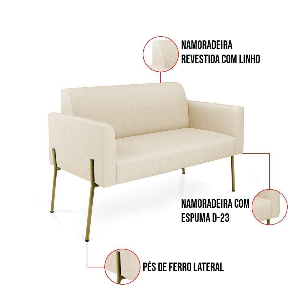 Sofá Namoradeira 2 Lugares Pé De Ferro Dourado Marisa Linho Bege D03 - 4