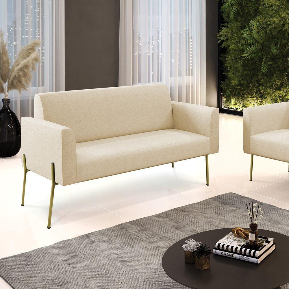 Sofá Namoradeira 2 Lugares Pé De Ferro Dourado Marisa Linho Bege D03 - 5