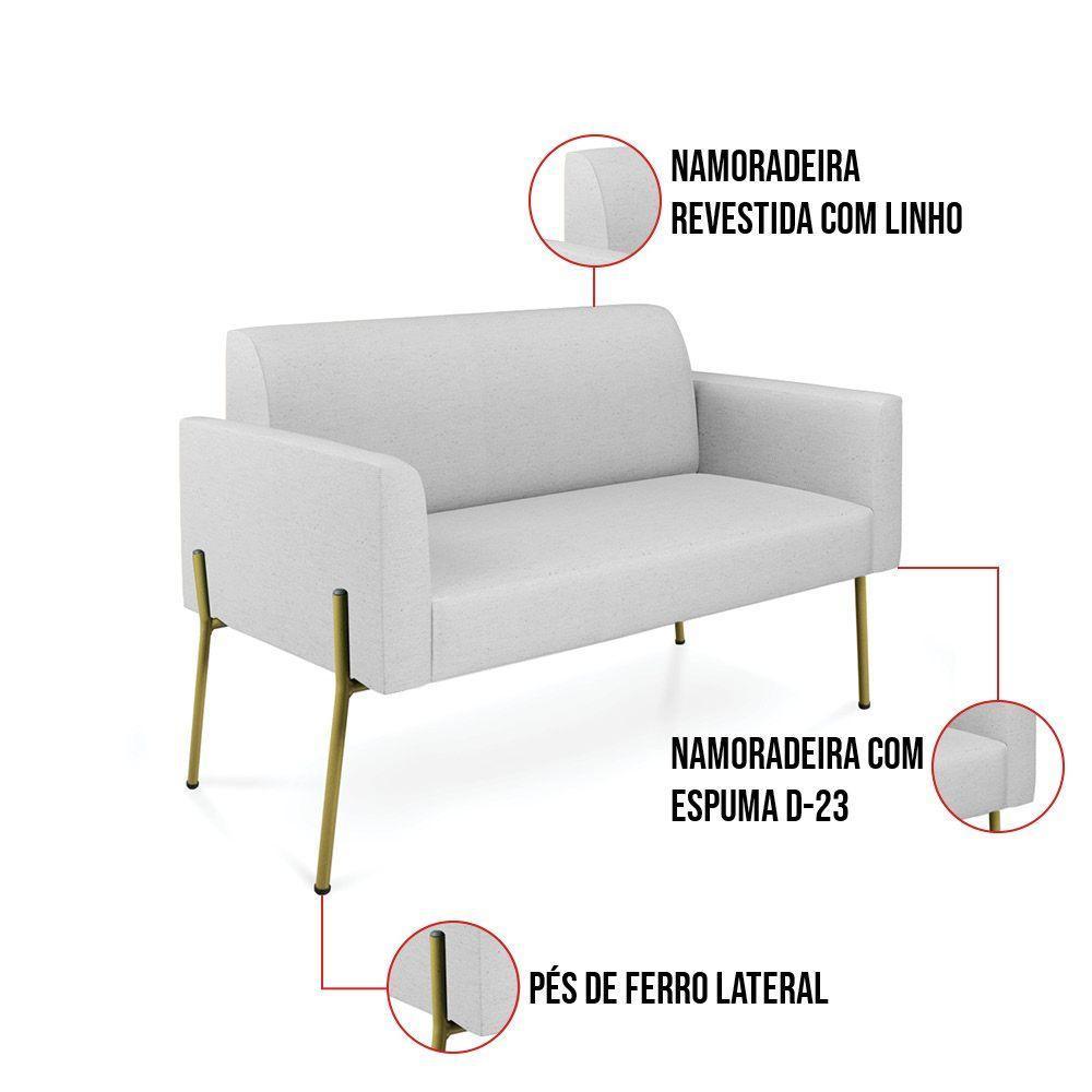 Sofá Namoradeira 2 Lugares Pé De Ferro Dourado Marisa Linho Cinza D03 - 4