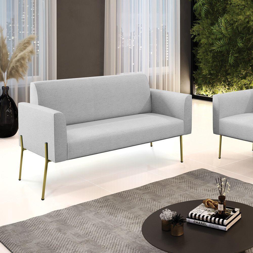 Sofá Namoradeira 2 Lugares Pé De Ferro Dourado Marisa Linho Cinza D03 - 5