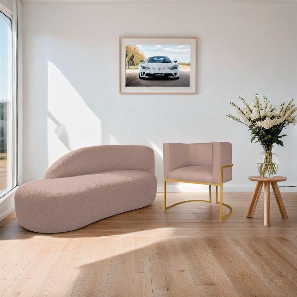 Kit Divã Luna 140cm Lado Esquerdo E 01 Poltrona Base De Ferro Dourado Linho Cor Rosê - 9