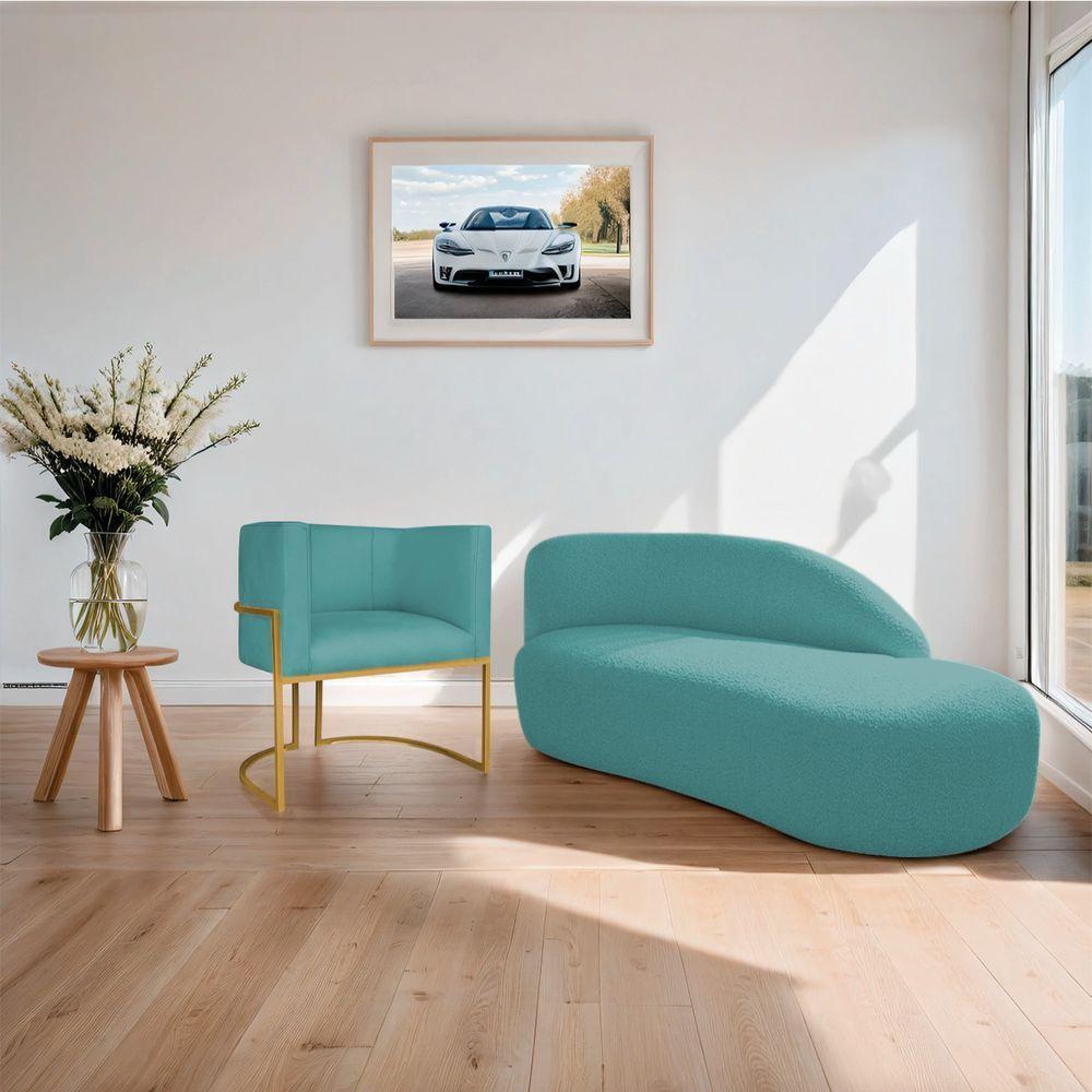 Kit Divã Luna 140cm Lado Direito E 01 Poltrona Base De Ferro Dourado Suede Cor Azul Turquesa - 9