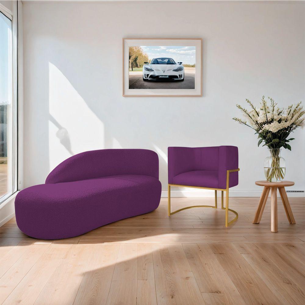 Kit Divã Luna 140cm Lado Esquerdo E 01 Poltrona Base De Ferro Dourado Suede Cor Roxo - 9