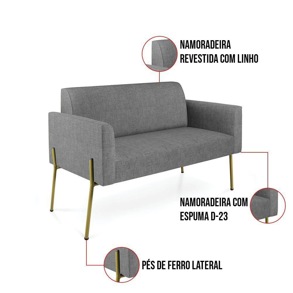 Sofá Namoradeira 2 Lugares Pé De Ferro Dourado Marisa Linho D03 Grafite - 4