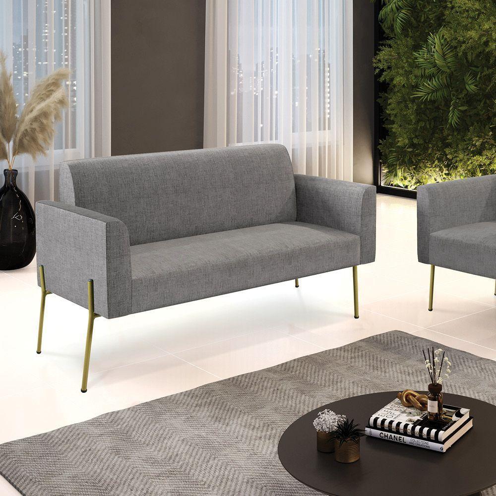 Sofá Namoradeira 2 Lugares Pé De Ferro Dourado Marisa Linho D03 Grafite - 5