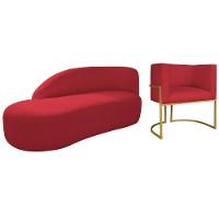 Kit Divã Luna 140cm Lado Esquerdo E 01 Poltrona Base De Ferro Dourado Suede Cor Vermelho - 1