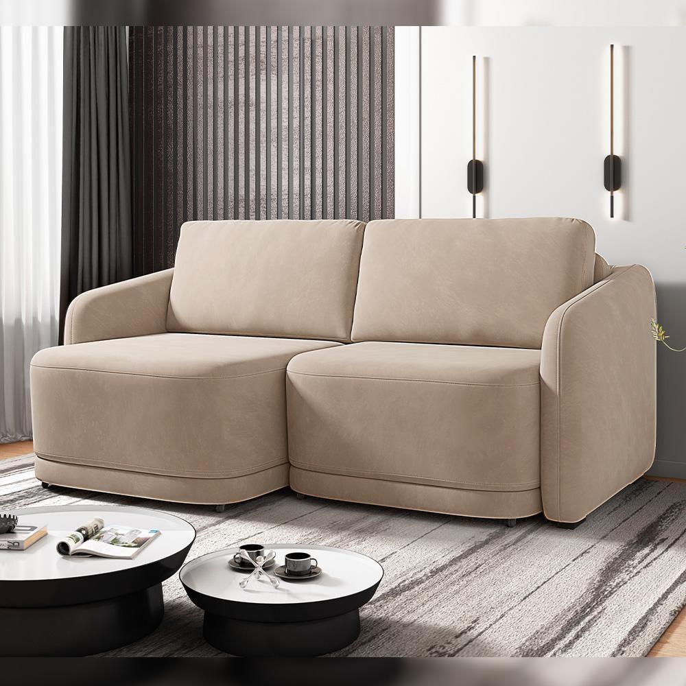 Sofá Cama Para Sala De Estar 2 Lugares 216cm Montserrat K01 Veludo Bege - Lyam Decor - 6