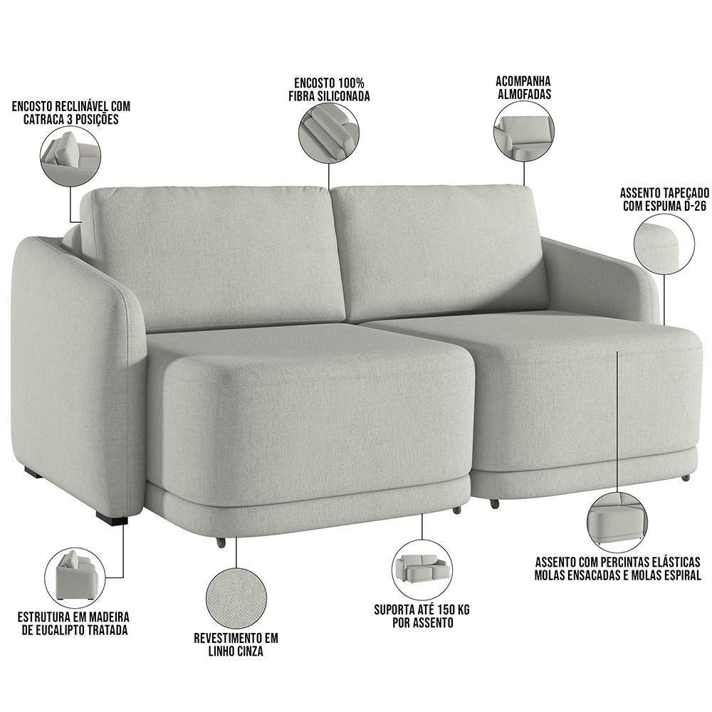 Sofá Cama Para Sala De Estar 3 Lugares 236cm Montserrat K01 Linho Cinza - Lyam Decor - 6