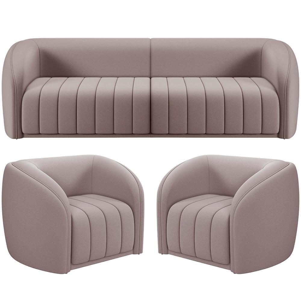 Kit Sofá 5 Lugares Para Sala 332cm Com 02 Poltronas Lazio M03 Veludo Rosê - Lyam Decor - 1