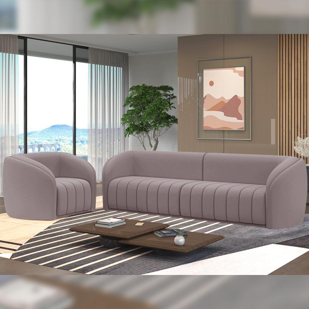 Kit Sofá 5 Lugares Para Sala 332cm Com 02 Poltronas Lazio M03 Veludo Rosê - Lyam Decor - 9