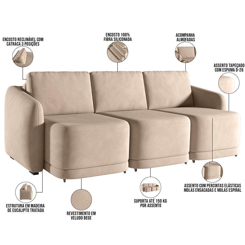 Sofá Cama Para Sala De Estar 4 Lugares 336cm Montserrat K01 Veludo Bege - Lyam Decor - 6