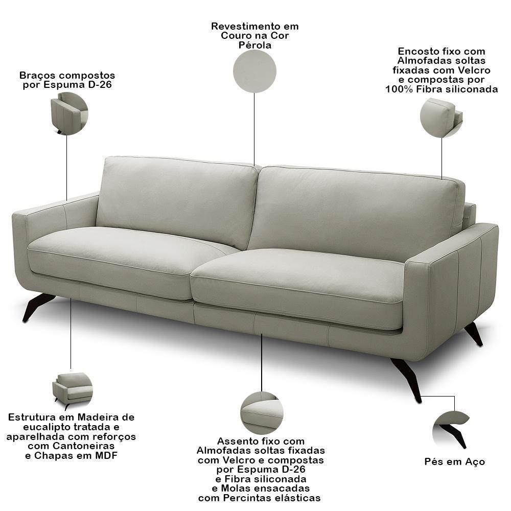 Sofá 3 Lugares Para Sala De Estar Living Industrial 210cm Trento L06 Couro Pérola - Lyam Decor - 5