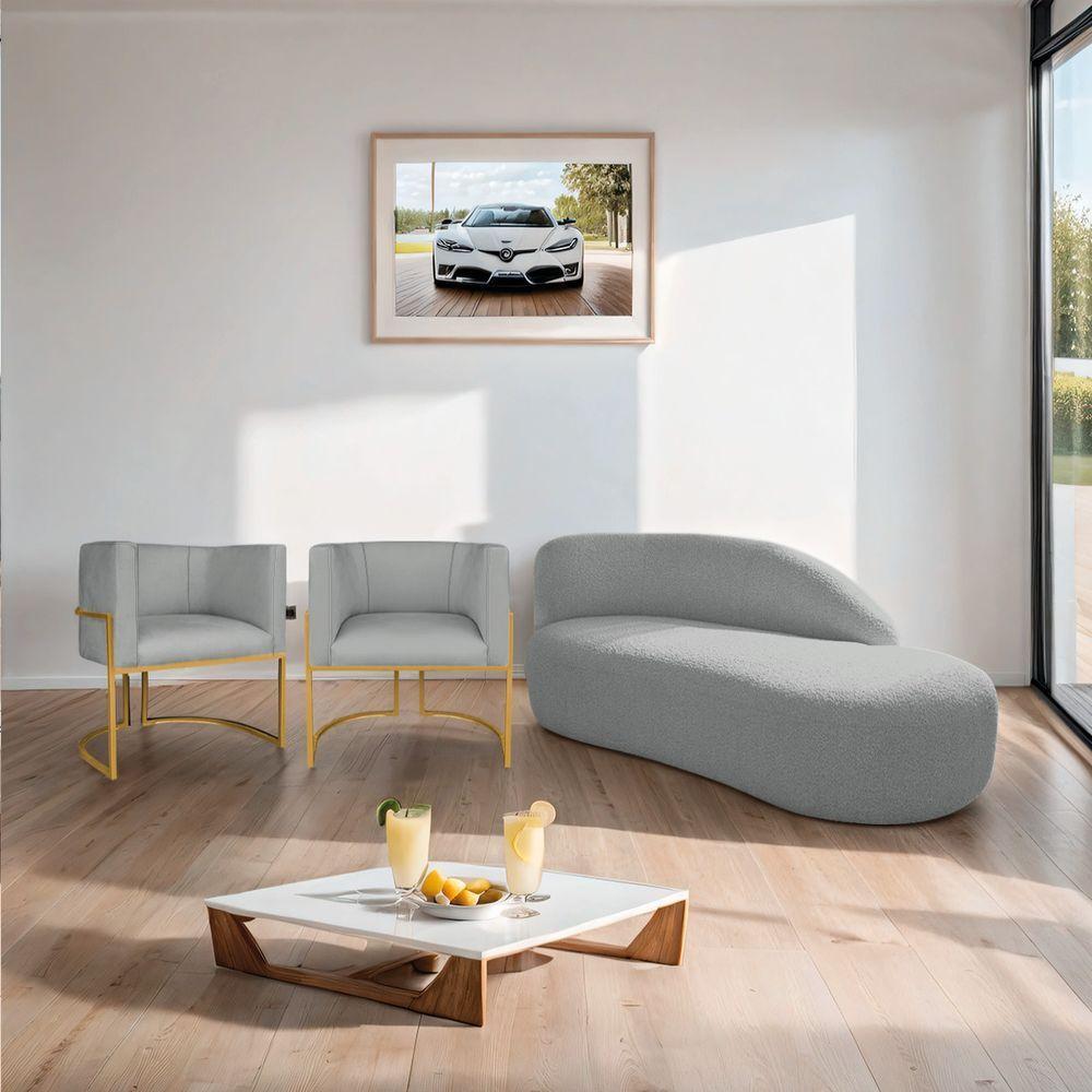 Kit Divã Luna 185cm Lado Direito E 02 Poltronas Base De Ferro Dourado Bouclé Cinza - 8