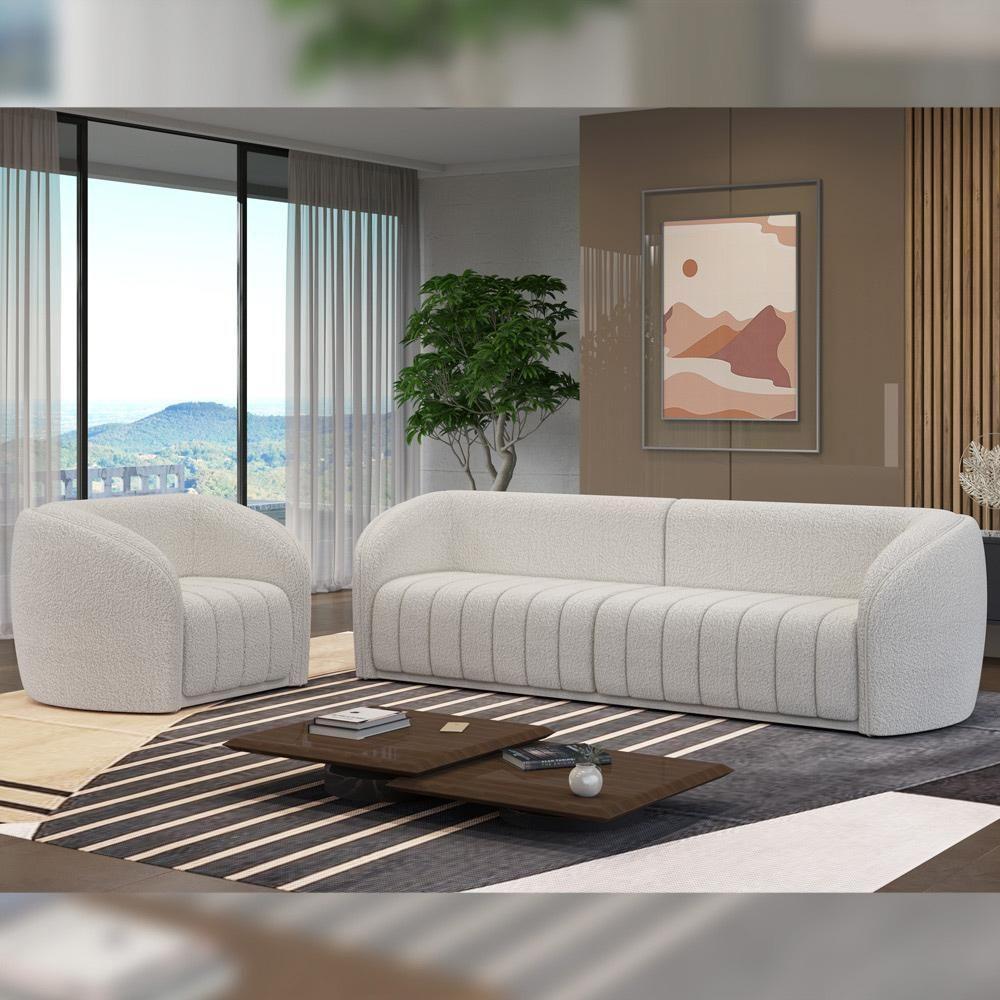 Kit Sofá 4 Lugares Para Sala 292cm Com 02 Poltronas Lazio M03 Bouclê Branco - Lyam Decor - 9