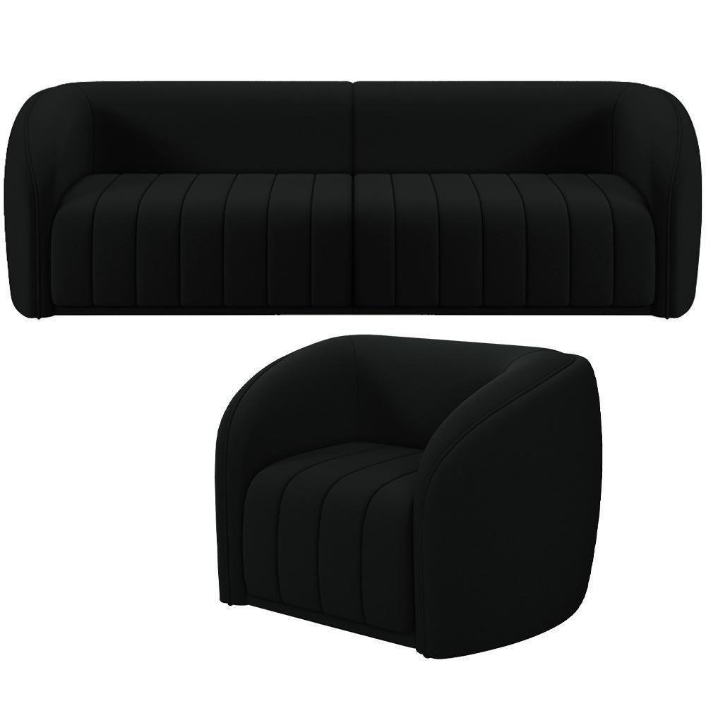 Kit Sofá 4 Lugares Para Sala 252cm Com 01 Poltrona Lazio M03 Veludo Preto - Lyam Decor - 1