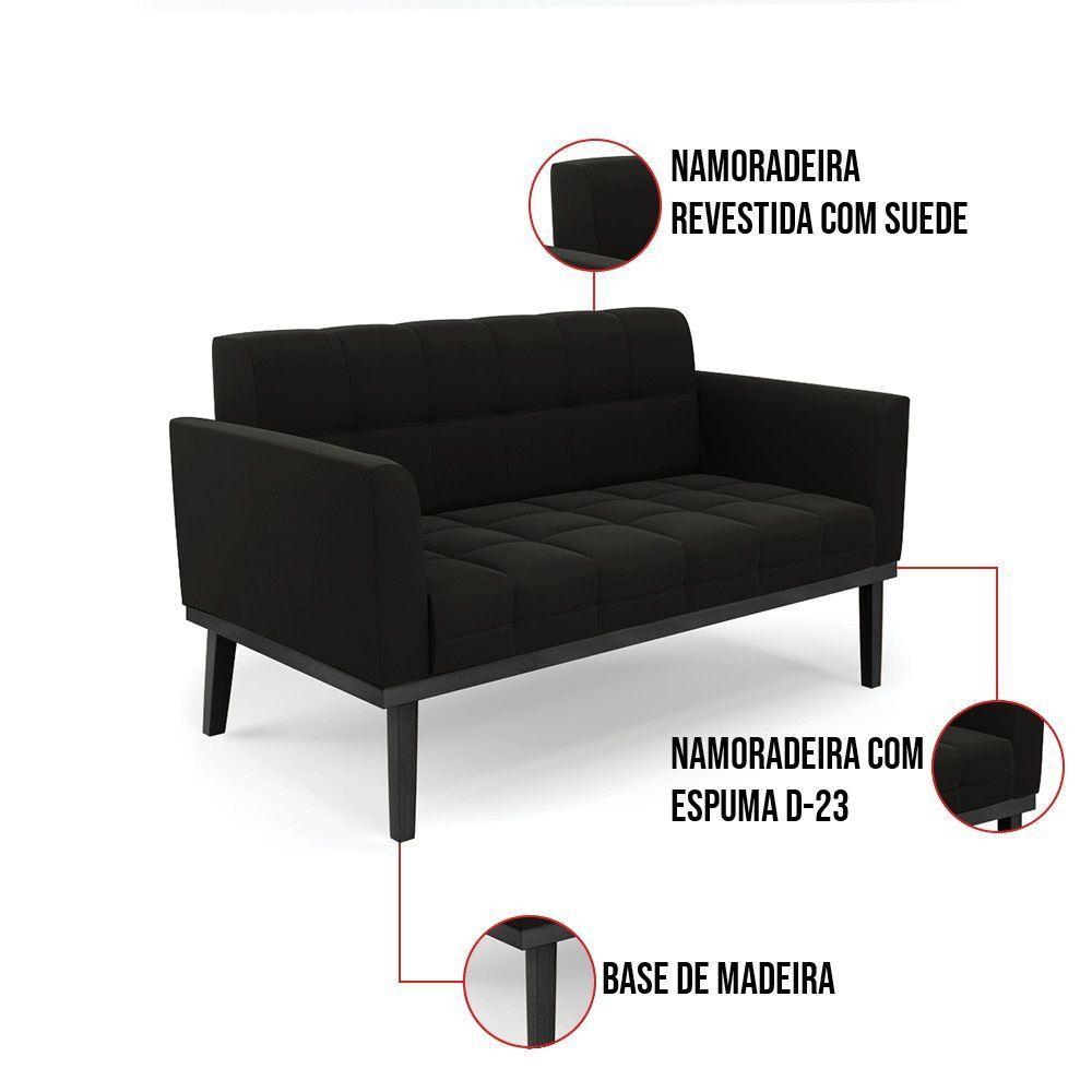 Sofá Namoradeira E 2 Poltronas Base De Madeira Preto Elisa Suede D03 - D'rossi Cor Preto - 3