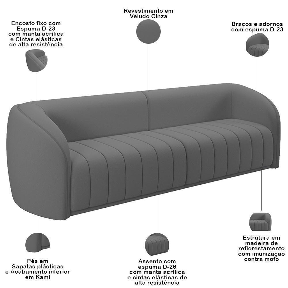 Kit Sofá 4 Lugares Para Sala 292cm Com 01 Poltrona Lazio M03 Veludo Cinza - 10