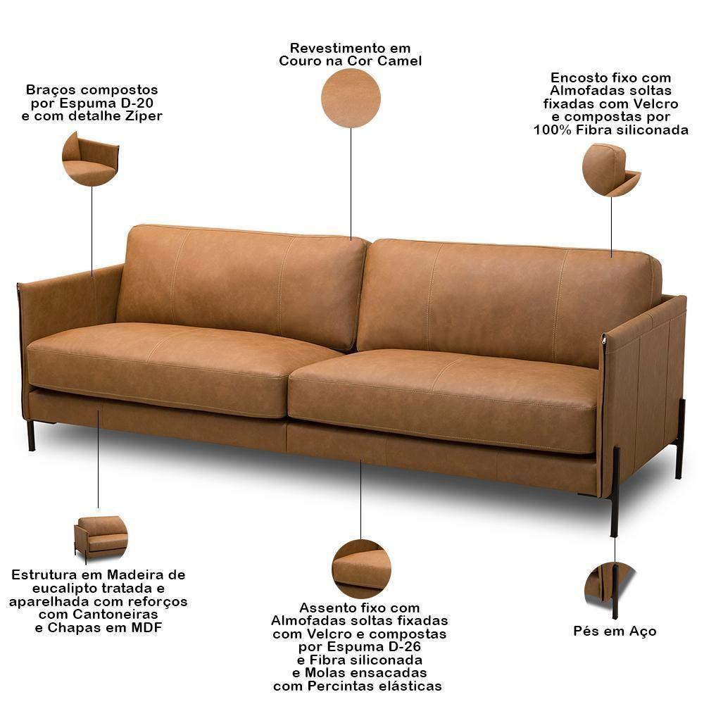 Sofá 3 Lugares Para Sala De Estar Living Industrial 270cm Amábile L06 Couro Camel - Lyam Decor - 5